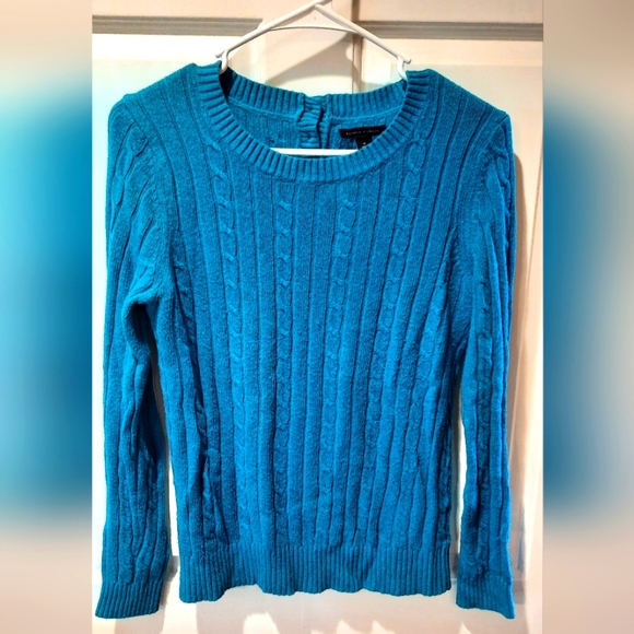 Tommy Hilfiger Sweater Womans Medium Blue Cable Knit Preppy Classic Fitted - Picture 4 of 9
